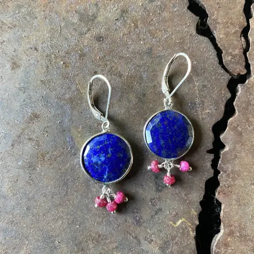 Sale Lapis Round Silver Earrings with Ruby